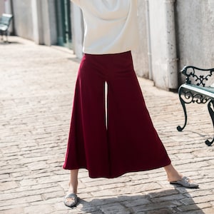 Women Wool Pants Loose High Waist Pants Wide Leg Pants Soft Casual Large Size Trousers Oversized Skirt Pants With Pockets Red Long Pants S18 image 1