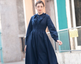 Women wool dress long sleeve midi fall winter dress vintage long dress fit and flare dress with pocket woolen custom handmade maxi dress S46