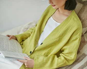 Cotton Linen Coat For Women Mid-length Linen Shirt Loose Cardigan Coat Soft Spring Fall Oversized Jacket Plus Size Linen Outerwear N310