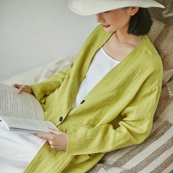 Manteau en coton et lin pour femme, chemise mi-longue en lin, cardigan ample, doux printemps automne, veste surdimensionnée, grande taille, survêtement en lin N310
