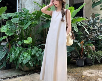 Linen Sleeveless Dresses With Pockets Loose Casual Scoop Neck Linen Cotton Dress Maxi Dress Long Linen Dress Plus Size Clothing N329