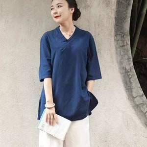 Spring cotton linen women tops half sleeve Vintage Chinese shirt handmade custom oversized shirt summer loose tunic plus size clothing F469