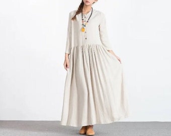 Women linen dresses spring long sleeves linen tunic robes oversized pleated custom maxi shirt dress linen clothing plus size clothing  A116