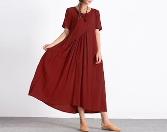 Linen dresses for women, short sleeves linen maxi dress, linen tunic dress, custom oversized linen pleated dress, plus size clothing A26