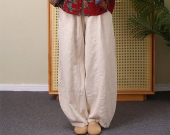 Pantalon en lin femme automne printemps, pantalon large, pantalon à taille élastique, pantalon de yoga, pantalon de vacances, pantalon en coton personnalisé A123