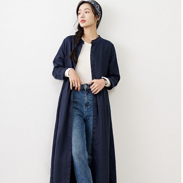 Women's cotton linen cardigan long sleeves spring tunic robes shirt dress plus size clothing loose large size coat costom shirdress F498