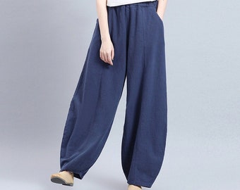 Women cotton linen pants high waisted trousers wide leg trousers elastic waist harem pants plus size pants loose soft boho pants A123