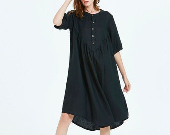 Linen dress with pockets short sleeve summer midi dress black shirt dress loose casual dress plus size clothing customized tunic dresses B36