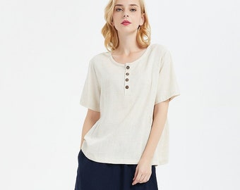 Women linen tops short sleeves tunic top linen cotton blouses plus size clothing large size shirt summer soft loose custom oversized R3