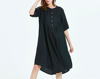 Linen midi dresses for women loose soft tunic dress summer dress pleated dress oversized customized shirt dresses plus size clothing B36