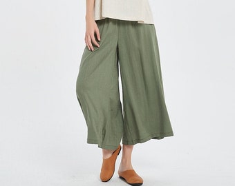 Women cotton linen Pants plus size midi pants casual loose trousers wide leg trousers long wide pants custom made pants A117