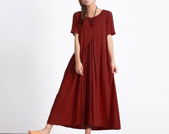 Women's linen maxi dress Short Sleeves Summer Dresses asymmetry cotton linen kaftan oversize bridesmaid dress plus size clothing  A26