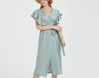 Pure linen sleeveless wrap midi dress plus size Flax tunic dress with belt natural linen robe for women summer loose linen dress X13