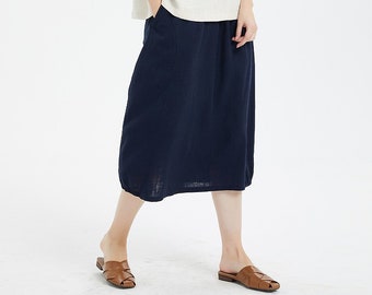 Linen skirt with pockets cotton Elastic waist A line Pleated skirt summer midi skirt loose casual plus size skirt custom made skirt  R4