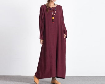 Women cotton linen dresses long sleeve dress with pockets Loose casual maxi dress pullover Kaftan plus size clothing Winter Linen Dress A44