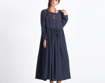 Women linen maxi dress long sleeves cotton linen tunic dress loose casual oversized custom pleated dress plus size linen clothing boho A32