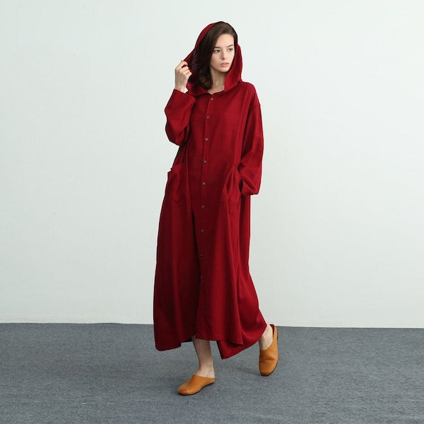 Women linen hooded coat linen long cardigan oversized linen maxi coat spring loose fitting long sleeves dress plus size linen clothing C05