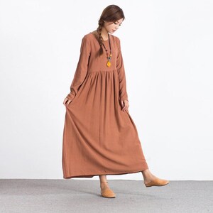 Women Linen Dress Shirt Loose Dress Tunics Long Sleeves Robes Maxi Dresses Customized Oversized Linen Long Dress Plus Size Clothing Boho A73 image 1