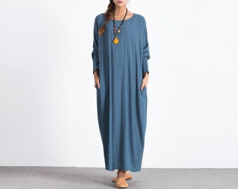 Organic Linen Dress for Woman Long Sun Dress Oversized Maxi Dress Long Sleeves Shift Dress Linen Tunic Spring Dress Plus Size Clothing  A67