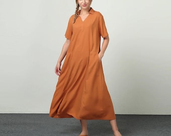 Linen dresses with pockets Short Sleeve V neck Summer maxi Dresses for women cotton Loose kaftan plus size clothing large size dress B37