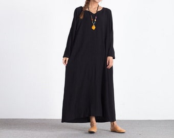 Women's linen long sleeves Loose maxi dress linen cotton Bridesmaid dress V-neck linen caftan plus size clothing large size dress  A47