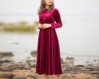 Women Velvet Dresses, Maxi Dress, Pleated Dress, Elegant Dress, Prom Dress 1950s Dress Fall Winter Long Sleeves Dress Plus Size Clothing R49