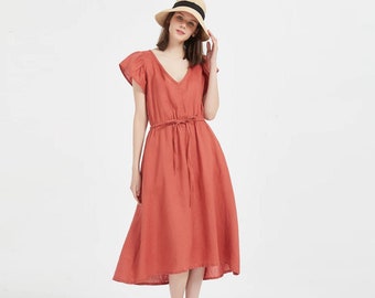Linen sleeveless v-neck midi Elastic belt Dress summer natural linen oversize Loose Flax soft washed linen dress with side Pockets  X16