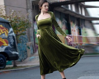 Velvet dresses for women long sleeves midi dresses for pockets autumn and winter dress elastic velvet dress Plus size dress Custom dress R65