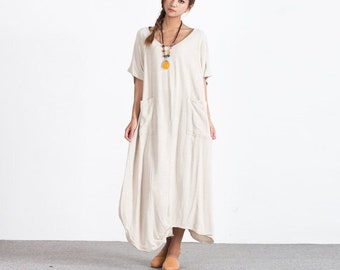 Linen dresses with pockets women short sleeve v neck maxi dress Summer Dresses linen kaftan oversize bridesmaid dress large size dress  A83