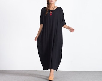 Black Short Sleeves Summer maxi Dresses Women's linen cotton caftan loose linen kaftan plus size dress spring autumn clothing A30