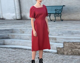 Linen dresses short sleeves midi dress with belt Square collar dress linen tunic dress Summer linen dress plus size dress custom dress X08