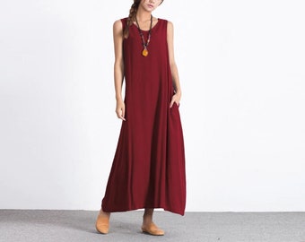 Robe en lin femme Robe sans manches avec poches Été maxi Loose oversize coton caftan lin Robe de demoiselle d’honneur plus vêtements taille A27