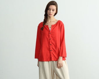 Women's linen cotton long sleeves coat linen blouses linen tops summer top large size linen tunic cardigan oversized linen top shirt E01