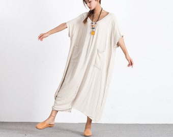 Women linen dresses linen kaftan dress short sleeves linen tunic dress spring oversize loose fitting dress plus size clothing boho dress A83