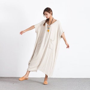 Women linen dresses linen kaftan dress short sleeves linen tunic dress spring oversize loose fitting dress plus size clothing boho dress A83 image 1