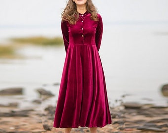 Burgundy Women's velvet dress long sleeve maxi dress Bridesmaid Velvet Dress Loose plus size clothing wedding dress Winter velvet dress R49