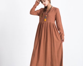 Women linen dress long sleeve maxi dress Oversize dress with belt Spring Summer dress plus size clothing Loose Kaftan large size dress  A73