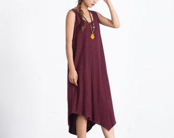 Linen dresses for women Sleeveless dress with pockets oversize Loose linen plus size clothing Kaftan Dress tank dress linen midi dress  A66