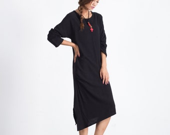 Linen dresses with pockets women long sleeve midi dress asymmetry cotton kaftan oversize plus size clothing larger size dress A18