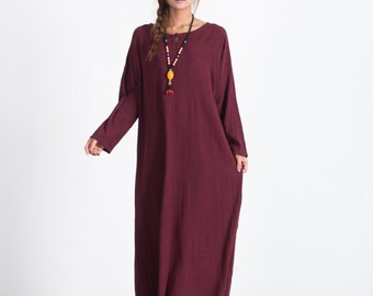 Women cotton linen dresses long sleeve dress with pockets Loose maxi dress pullover Kaftan plus size clothing Winter Linen Dress A44