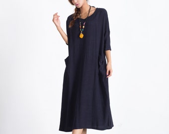 Oversize Short Sleeves Summer linen Dresses Women's maxi dress pockets-2 linen cotton Loose Kaftan plus size clothing large size dress  A52