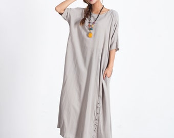 Women's linen Dress Short Sleeves Summer maxi Dresses Loose linen cotton dress plus size clothing caftan linen kaftan large size dress  A55