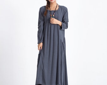 Linen dresses with pockets Women cotton long sleeve maxi Dresses Oversize Loose Kaftan large size dress linen clothing Spring long robe A82