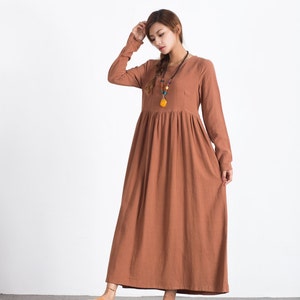 Women Linen Dress Shirt Loose Dress Tunics Long Sleeves Robes Maxi Dresses Customized Oversized Linen Long Dress Plus Size Clothing Boho A73 image 2