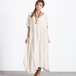 Women linen dresses linen kaftan dress short sleeves linen tunic dress spring oversize loose fitting dress plus size clothing boho dress A83 image 2