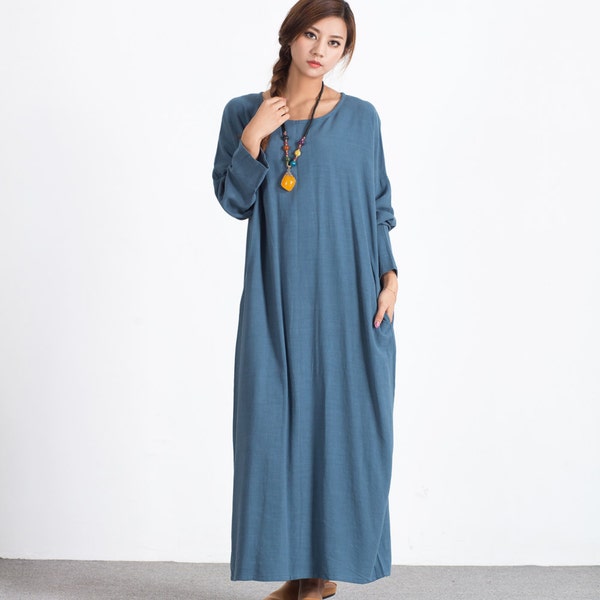 Women's linen maxi dress long sleeves oversize bridesmaid dress with pockets long linen caftan large size dress plus size clothing  A67