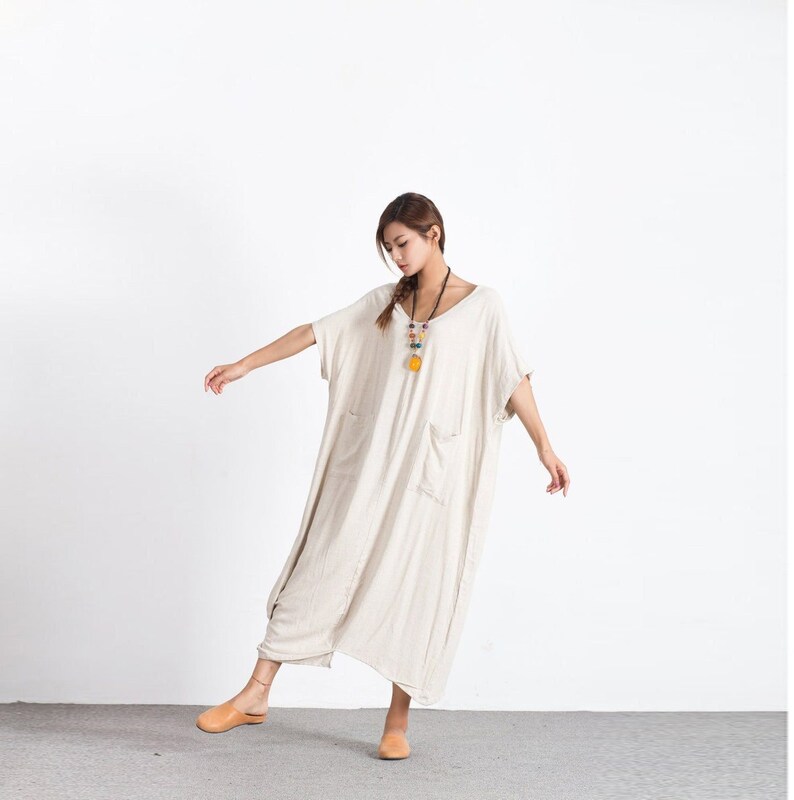 Women linen dresses linen kaftan dress short sleeves linen tunic dress spring oversize loose fitting dress plus size clothing boho dress A83 image 1