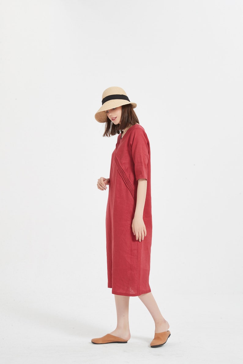 Women linen dress summer loose casual soft linen dress oversized linen midi dress shift dress pure linen tunic dress plus size clothing X39 image 7