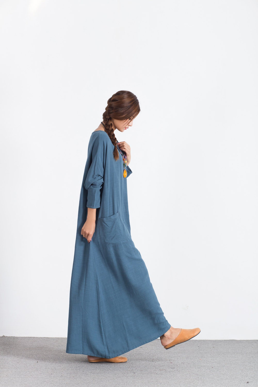 Women's Linen Maxi Dress Long Sleeves Dress With Pockets | Etsy