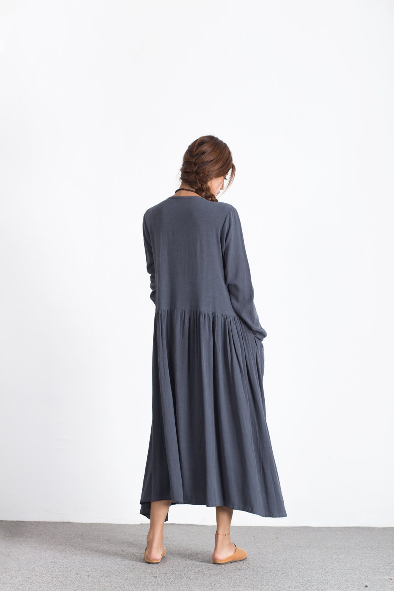 Linen Dresses With Pockets Women Cotton Long Sleeve Maxi Etsy